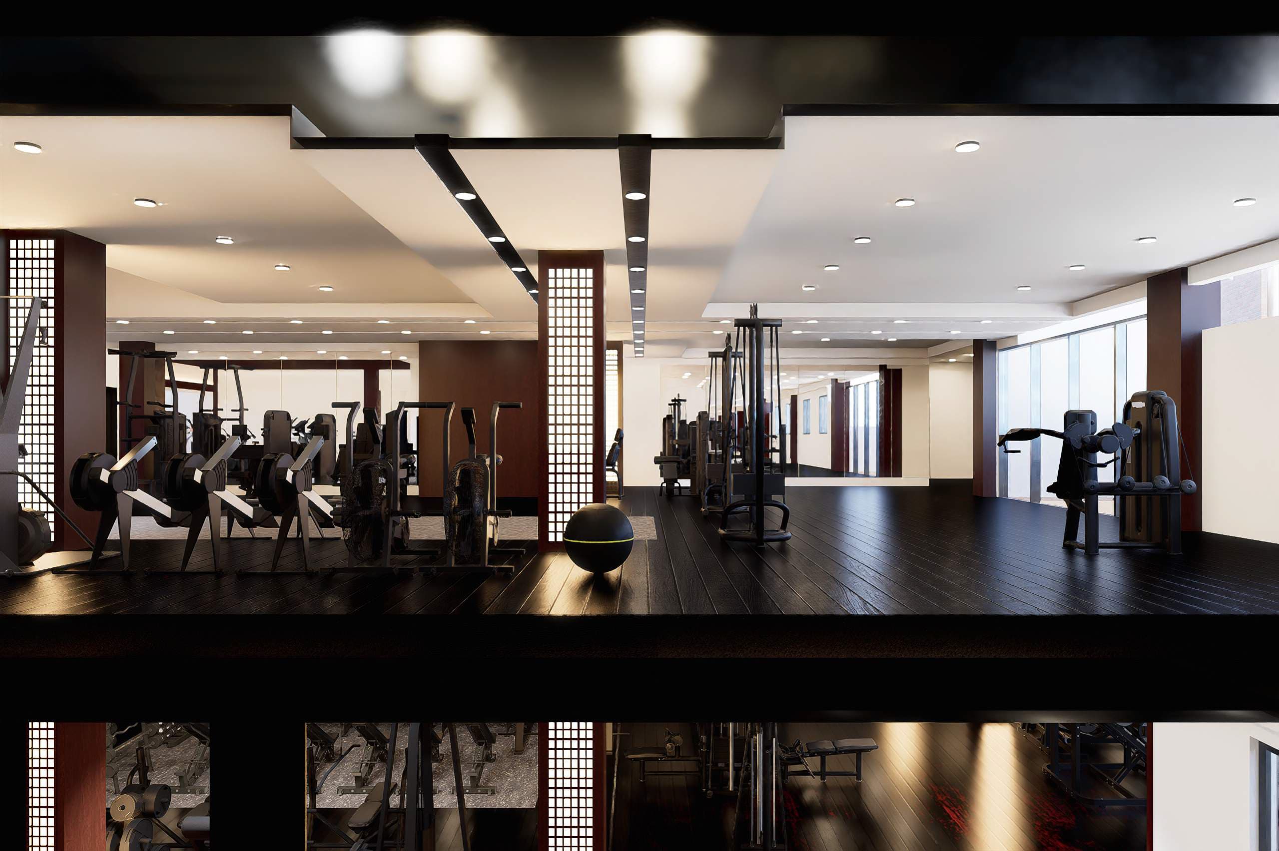 Onsen gym interior with premium training equipment
